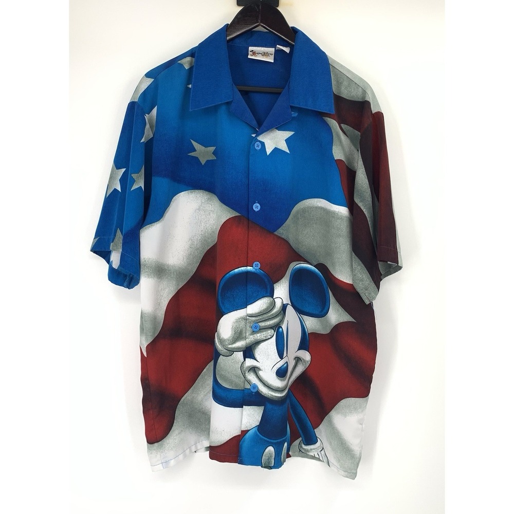 Vintage Disney World Mickey Mouse Salute USA‎ Flag Men's Short Sleeve Shirt Sz L
